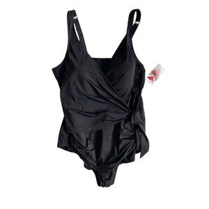 Lands End Women's Lycra 1 Piece Swimsuit Size 18W Black Padded Tie Front V-Neck